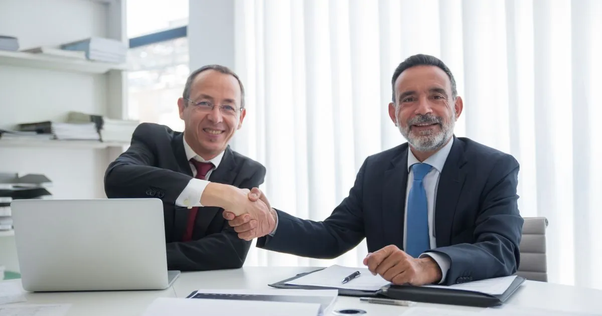 Two business delegates shaking hands across a negotiating table, representing the India-Canada CEPA trade talks progressing in Ottawa through 2026