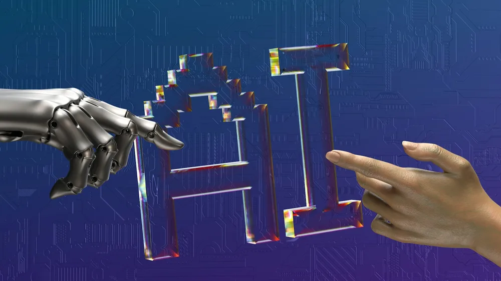 A robot hand and a human hand reaching toward each other beside the letters AI, representing learners building skills that work alongside technology